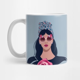 Trendy female portrait in sunglasses with flowers Mug
